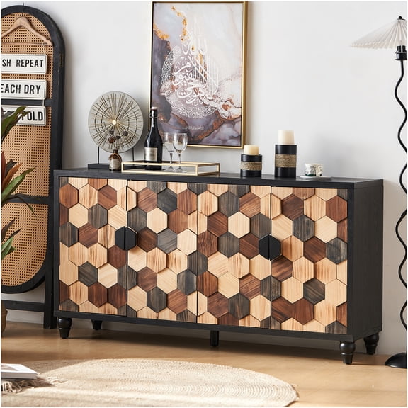 JERFIT Modern Farmhouse Accent Cabinet with Distressed Finish, Honeycomb Doors for Living Room, Entryway, Dining Room Storage Sideboard Buffet in Black Brown