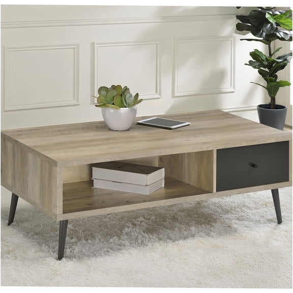 JERFIT Modern Farmhouse Coffee Table with Drawer, Dark Green Black Distressed Finish, Engineered Wood Console Table with Metal Legs for Living Room, Sofa Table with Storage Shelf