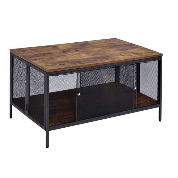 JERFIT Modern Farmhouse Coffee Table with 4 Sliding Mesh Doors, Antique Oak and Black Finish Storage Console Table for Living Room