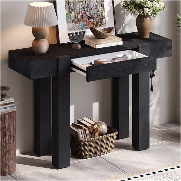 JERFIT Modern Farmhouse Console Table with Charging Station, Hidden Drawer, Solid Wood Sofa Table for Entryway, Living Room & Home Office, Black