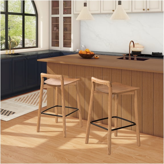 JERFIT Modern Farmhouse Counter Stool, Solid Wood Bar Stools for Kitchen Island, Low Back Design with Footrest, Natural and Ash Brown Finish