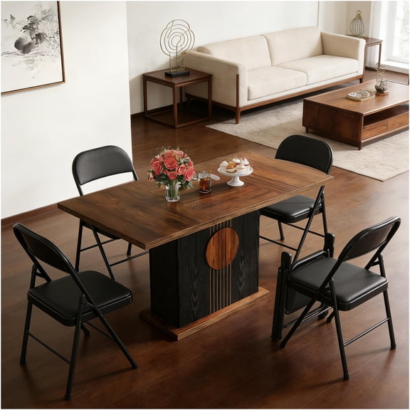 JERFIT Modern Farmhouse Dining Table for 4-6, Rectangular Kitchen Table with Metal Base, Black Brown MDF Top, Easy Assembly
