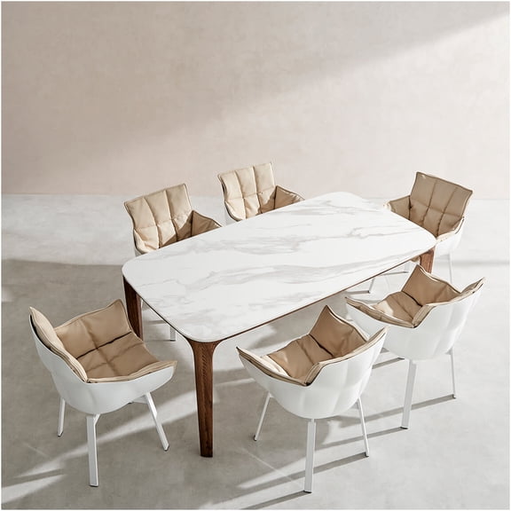 JERFIT Modern Farmhouse Dining Table with Ceramic Top and Solid Wood Legs, Rectangular Kitchen Table for 6, White and Walnut Finish