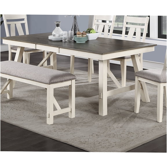 JERFIT Modern Farmhouse Dining Table with Leaf, Solid Wood Antique White and Gray Rectangular Kitchen Table for Dining Room