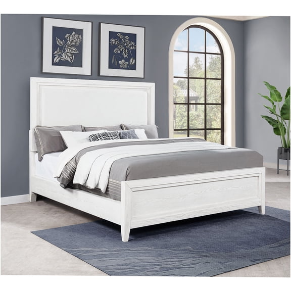 JERFIT Modern Farmhouse King Bed, Distressed White Upholstered Panel Bed Frame with Padded Headboard, Eastern King Size, Transitional Style