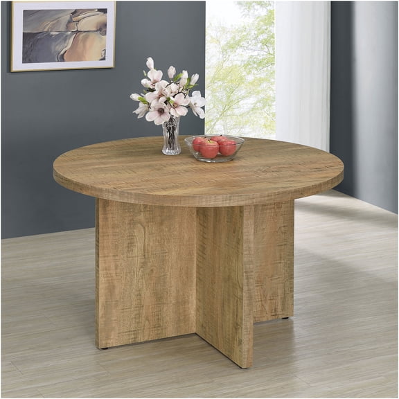 JERFIT Modern Farmhouse Round Dining Table for 4, Mango Finish Engineered Wood Pedestal Base Kitchen & Dining Room Table