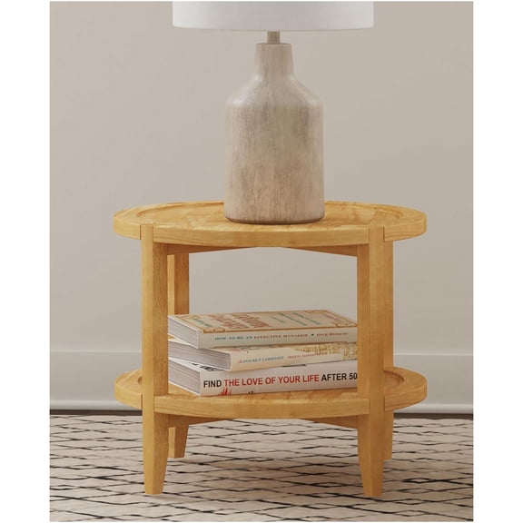 JERFIT Modern Farmhouse Round End Table with Shelf, Solid Wood Nightstand for Living Room, Bedroom, Maple Finish Accent Table