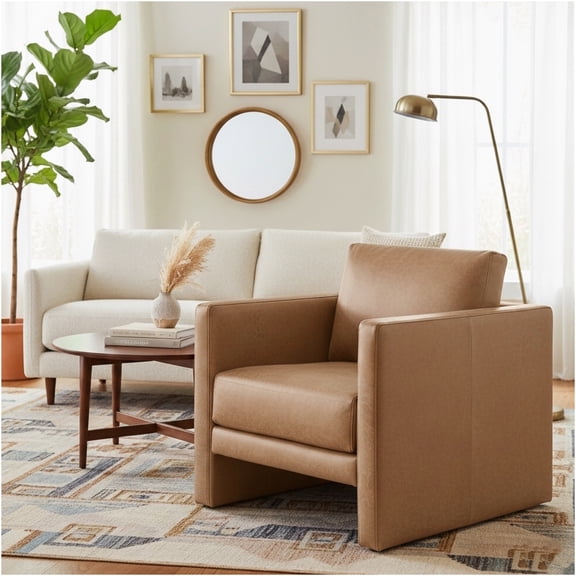 JERFIT Modern Faux Leather Accent Chair, Light Brown PU Leather Club Chair with Tuxedo Arms for Living Room, Bedroom, Office