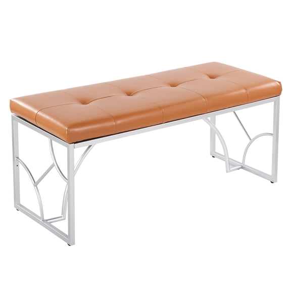 JERFIT Modern Faux Leather Bench with Geometric Metal Frame, Mid-Century Entryway Stool for Bedroom, Living Room, Dining Area