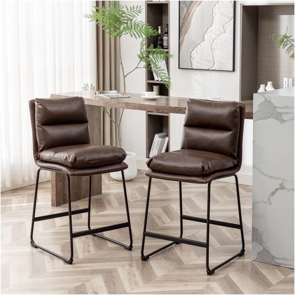 JERFIT Modern Faux Leather Counter Stools Set of 2, Sled Base Kitchen Island Bar Stools with Backrest and Footrest, Antique Brown