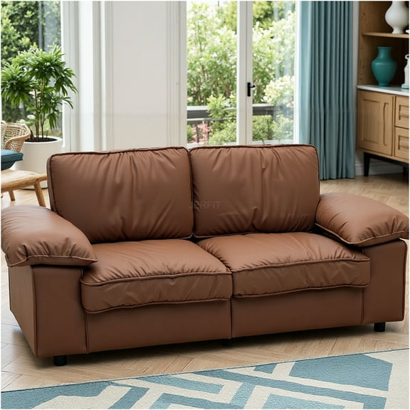 JERFIT Modern Faux Leather Loveseat Sofa with Hidden Storage, 2-Seater Couch for Small Spaces, Brown PU Leather Sleeper for Living Room, Apartment