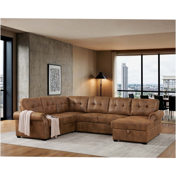 JERFIT Modern Faux Leather U-Shaped Sectional Sofa with Pull-Out Sleeper Bed, Storage Chaise Lounge, Tufted Back, Easy Assembly, Brown
