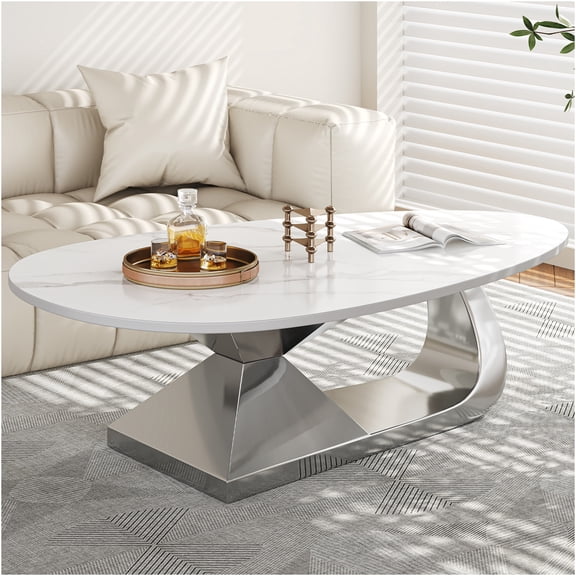 JERFIT Modern Faux Marble Coffee Table, Stainless Steel Base Waterproof Scratch Resistant Pebble Shaped Center Table for Living Room