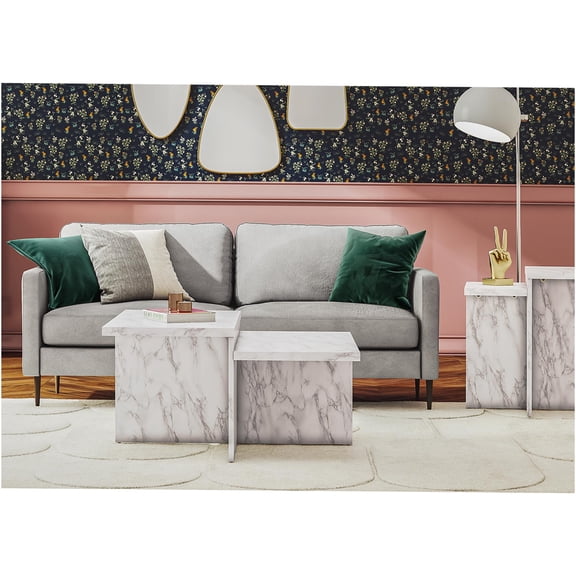 JERFIT Modern Faux Marble Coffee Table with 2-Tier Shelf, White Marble Finish Console Table for Living Room, MDF Wood Center Table