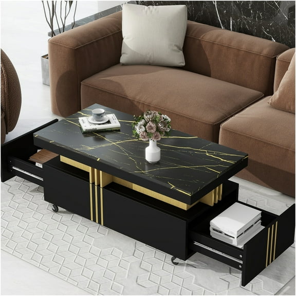 JERFIT Modern Faux Marble Coffee Table with Wheels, 2-Drawer Storage, Gold Metal Frame, Black Cocktail Table for Living Room