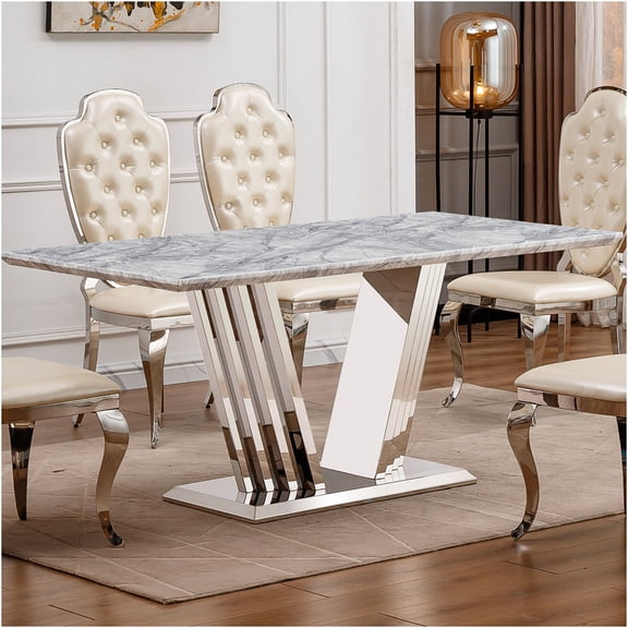 JERFIT Modern Faux Marble Dining Table for 6-8 People, Rectangle Kitchen Table with Stainless Steel Base, Silver Grey Dining Room Set