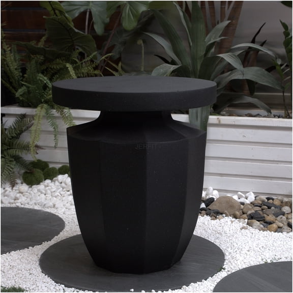 JERFIT Modern Faux Terrazzo Accent Table, 17.75" H Outdoor Indoor Side Table Garden Stool Plant Stand for Patio Deck Backyard, Black