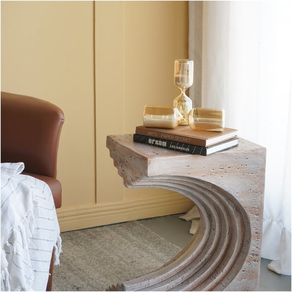 JERFIT Modern Faux Travertine Accent Table, Wave Design Beige End Table for Living Room, Bedroom, Office - Lightweight Magnesium Oxide Console Table with Arch Legs