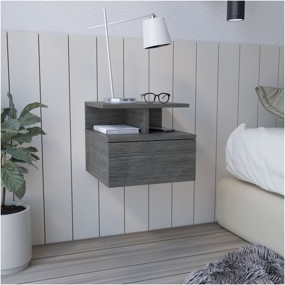 JERFIT Modern Floating Nightstand with Drawer, Smoke Grey Bedside Table with Open Shelf for Bedroom Storage, MDF Engineered Wood