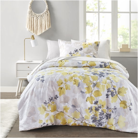 JERFIT Modern Floral Print Full Comforter Set with Sheets, Gray Yellow Leaf Pattern Bed in a Bag, Hypoallergenic Microfiber