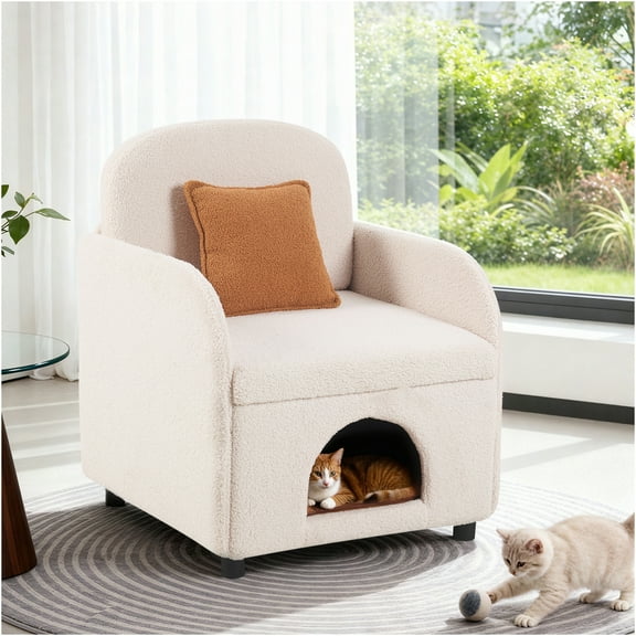 JERFIT Modern Fluffy Sherpa Accent Armchair with Lumbar Pillow, 2-in-1 Pet Friendly Design for Living Room, Bedroom, and Office, Cream White