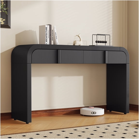 JERFIT Modern Fluted Console Table with 2 Drawers, 220lbs Load-Bearing Entryway Table with Adjustable Feet for Hallway, Living Room & Entryway, Black