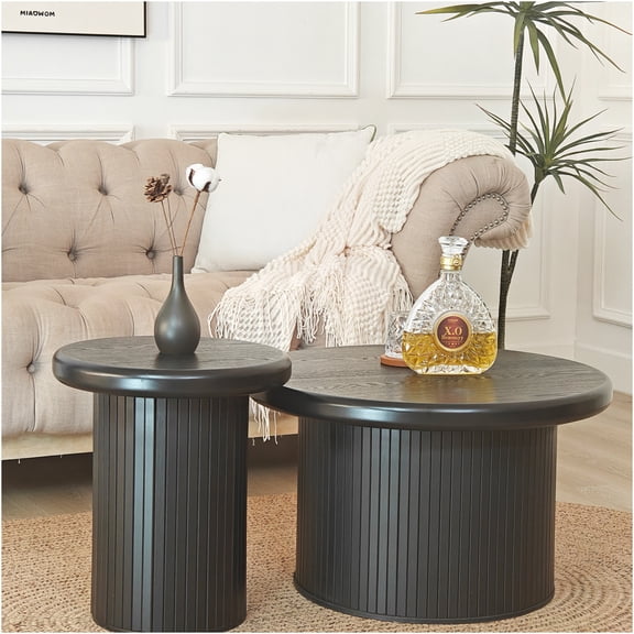 JERFIT Modern Fluted Leg Coffee Table Set, 2-Piece Round Accent Tables for Living Room, Industrial Minimalist Side Table, Black
