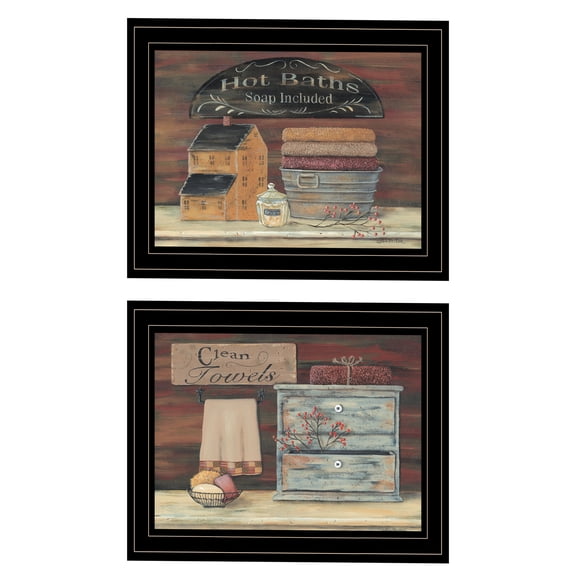 JERFIT Modern Framed Wall Art Set of 2, Multicolor Floral Towel Print on Paper, Ready to Hang Bathroom & Living Room Decor, 14x17 Inches