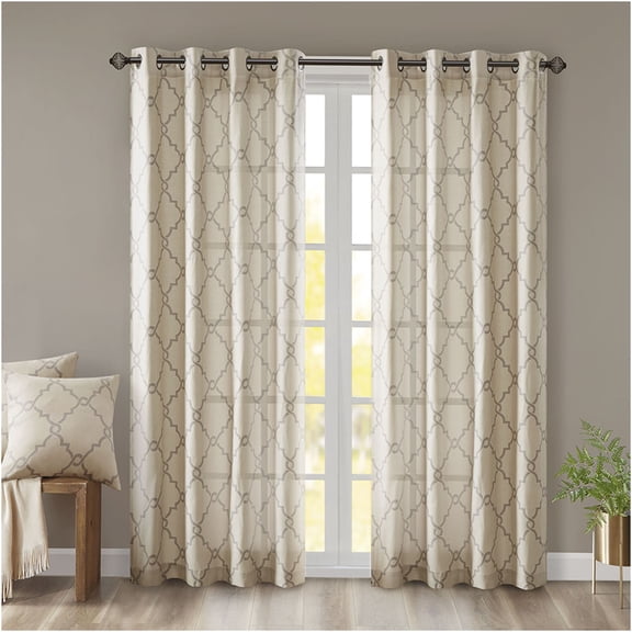 JERFIT Modern Fretwork Print Grommet Curtain Panel for Window, 50x108 Inch, Light Filtering, Beige and Grey Polyester Blend, 1 Panel
