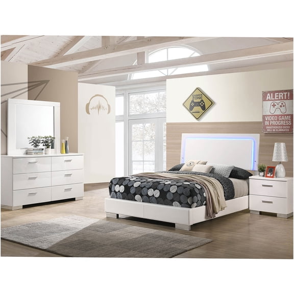 JERFIT Modern Full Bedroom Set with LED Headboard, 4-Piece High Gloss White Bedroom Furniture Suite with Dresser, Mirror & Nightstand