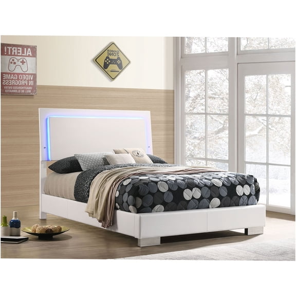JERFIT Modern Full Size Bed with LED Lights, High Gloss White Faux Leather Upholstered Platform Bed Frame, No Box Spring Needed with Slat Support System