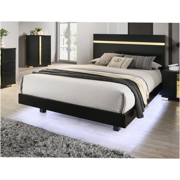 JERFIT Modern Full Size Platform Bed Frame with Underbed LED Lights, Black Wood Bedroom Furniture with Acrylic Trim and Headboard, Mattress Foundation