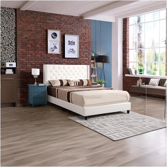 JERFIT Modern Full Size Upholstered Bed Frame with Foam Padding, White PU Leather Platform Bed with Upholstered Headboard, No Box Spring Needed, Easy Assembly