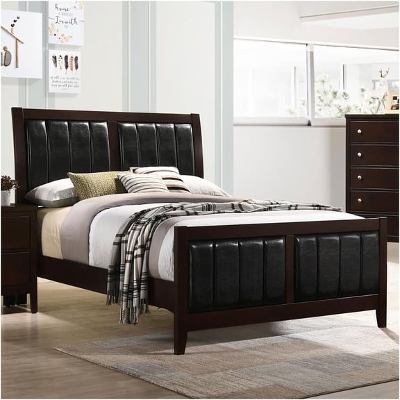 JERFIT Modern Full Size Upholstered Bed with Channel Tufted Headboard, Cappuccino Brown Faux Leather Panel Bed Frame