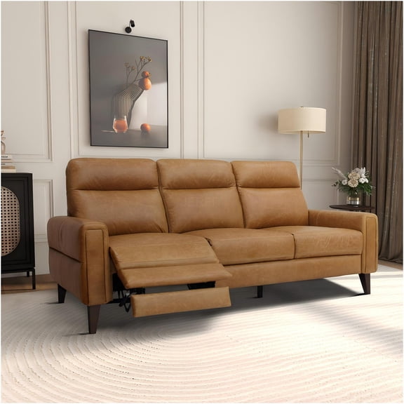 JERFIT Modern Genuine Leather Incliner Sofa with Push-Back Recliner, Mid-Century Cognac Tan Leather Couch for Living Room