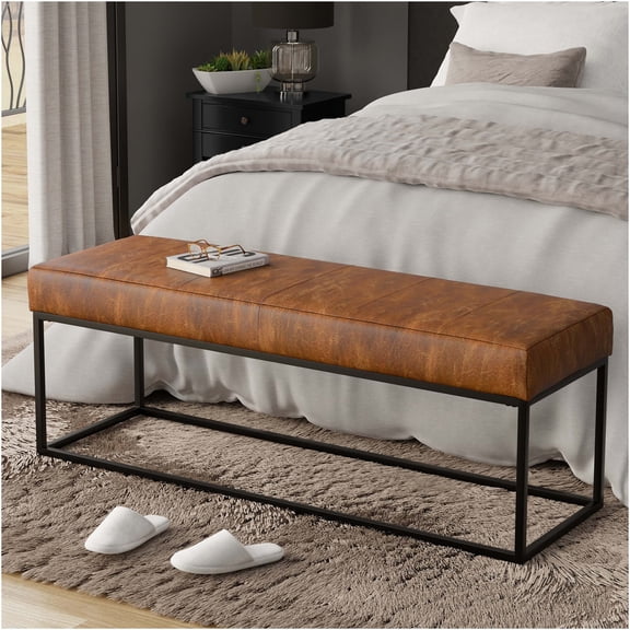 JERFIT Modern Genuine Leather Ottoman Bench with Metal Legs, Tan Storage Footstool for Living Room, Bedroom, Entryway