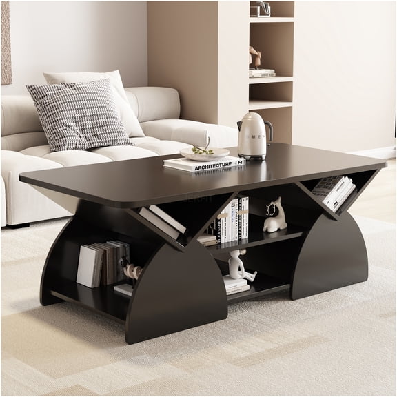 JERFIT Modern Geometric Coffee Table with Storage, Engineered Wood Rectangular Center Table for Living Room with Open Shelves, Easy Assembly, Black
