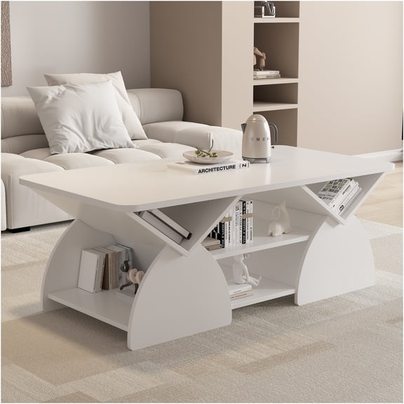 JERFIT Modern Geometric Coffee Table with Storage, White Engineered Wood Rectangular End Table for Living Room with Open Shelves and Rounded Corners
