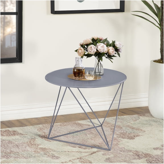 JERFIT Modern Geometric End Table, Grey Metal Accent Table with Round Top for Living Room, Bedroom, Office