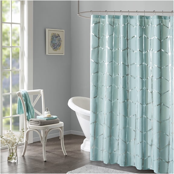 JERFIT Modern Geometric Metallic Shower Curtain, Waterproof Fabric Bathroom Decor with 12 Hooks, Aqua Silver, 72x72 Inches