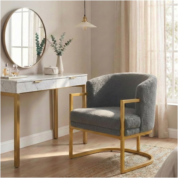 JERFIT Modern Glam Accent Chair, Plush Faux Fur Upholstered Armchair with Gold Metal Legs for Living Room, Bedroom, Office - Grey