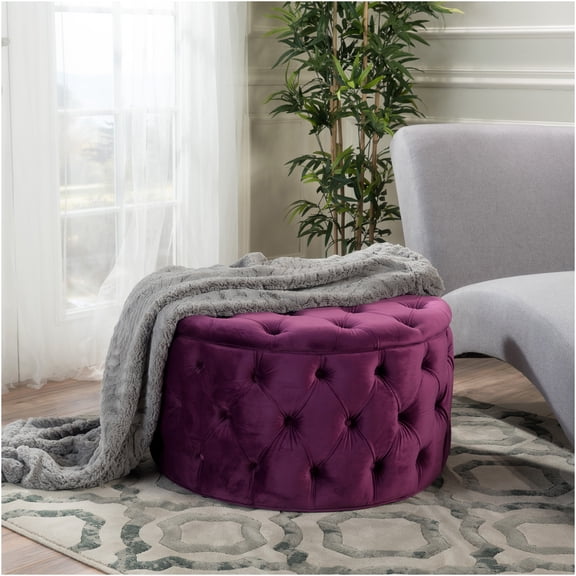 JERFIT Modern Glam Button Tufted Velvet Ottoman Pouf, Diamond Stitch Footstool for Living Room, Fuchsia Jewel Tone Accent Seating