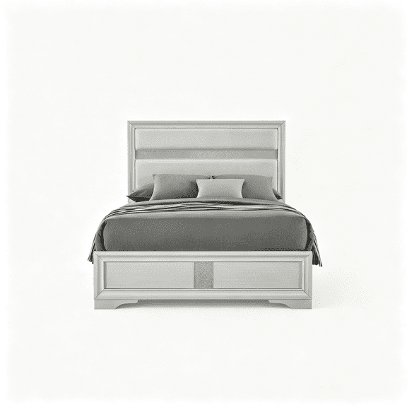 JERFIT Modern Glam Upholstered Queen Bed with Padded Headboard, Sparkling Accent Stripe, White Wood Panel Platform Bed