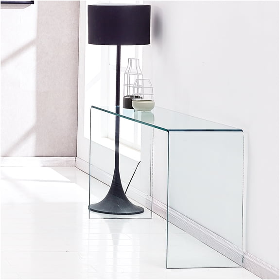JERFIT Modern Glass Console Table, Tempered Glass Sofa Table with Rounded Corners for Entryway, Living Room, Hallway