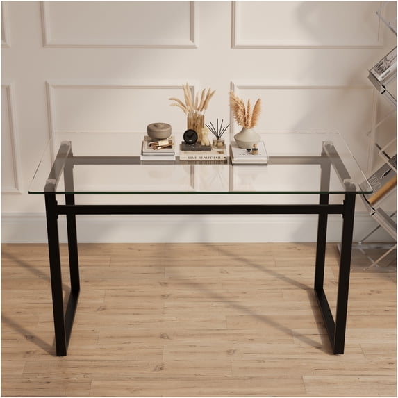 JERFIT Modern Glass Dining Table for 4-6 Persons, Minimalist Rectangular Kitchen Table with Black Metal Base, Tempered Glass Top Desk for Dining Room, Living Area