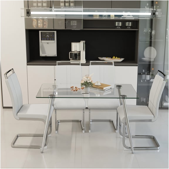 JERFIT Modern Glass Dining Table Set for 4, Kitchen Table with Silver Metal Legs and Faux Leather Upholstered Chairs, Tempered Glass Top Dining Room Furniture
