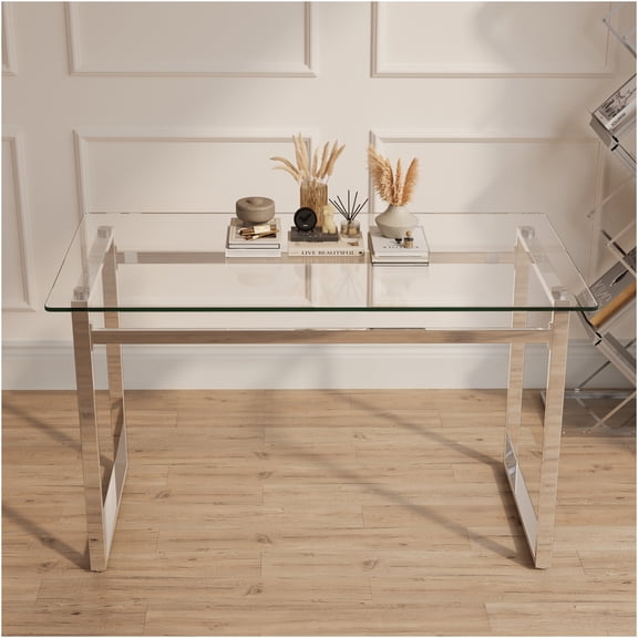 JERFIT Modern Glass Dining Table for 4-6, Rectangular Tempered Glass Top with Chrome Metal Legs, Minimalist Kitchen Dining Room Table