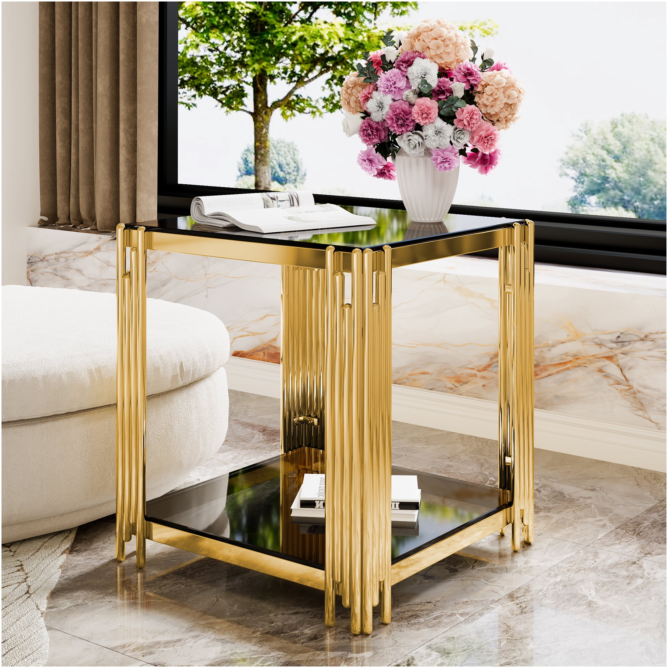 JERFIT Modern Glass End Table with Gold Metal Base, Small Accent Table ...
