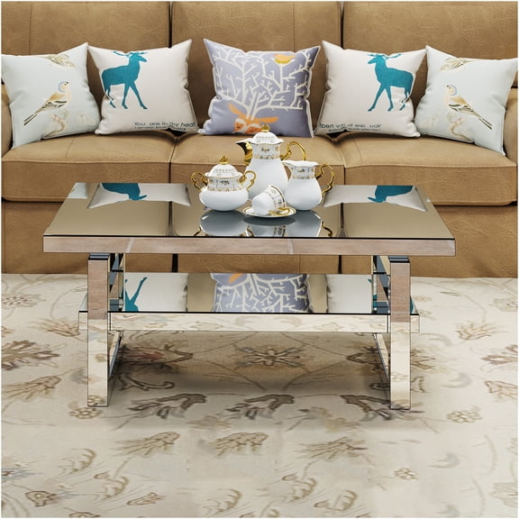 JERFIT Modern Glass Top Coffee Table with Storage, Silver End Table for Living Room, Small Space Acrylic Console Sofa Table