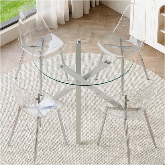 JERFIT Modern Glass Top Dining Table Set with 4 Transparent Chairs, Silver X-Shape Base Kitchen Breakfast Nook Set for 4